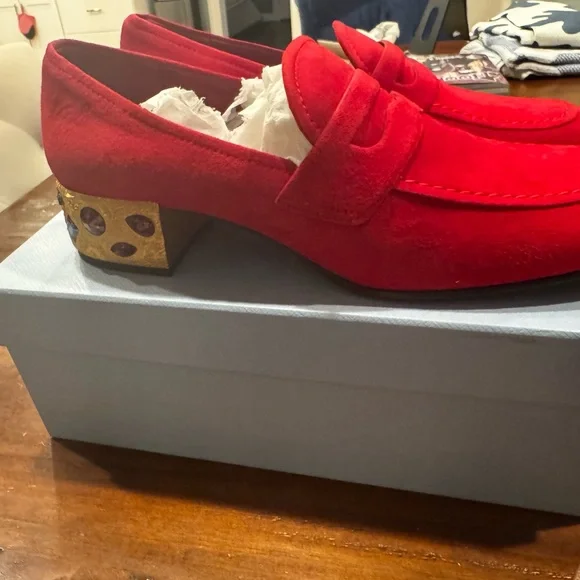 BNIB Prada Red Suede Loafers with ruby red rhinestone accents! - Picture 3 of 3